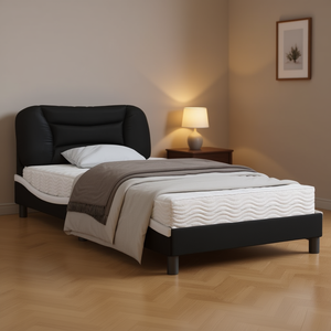 Upholstered Bed <b>Frame</b> <b>Black</b> Faux Leather Modern Design Soft Bed Full Size Bedroom Furniture - Product Image 2