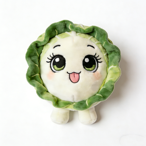 Peluche de chou ronde compacte bicolore personnalisée avec bordure de feuilles vertes à volants, texture de veines brodée, grand œil vert brillant - Product Image 5