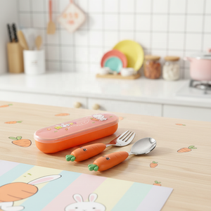 Ensemble de fourchette et cuillère portables en acier inoxydable 304 pour enfants, motif carotte créatif, trois pièces, pour l'alimentation des bébés, forme de dessin animé, vaisselle - Product Image 2