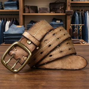 Ceinture en cuir véritable de vache de style vintage BS INTERNATIONAL avec boucle en acier, robuste, durable, écologique et imperméable - Product Image 1