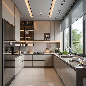 OPPEIN U Shape Modern French Design Lacquer Painting Foil Complete Kitchen Cabinets for Villa