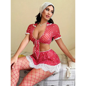 Chuangerm Spot Nouveau Costume de <span class=keywords><strong>Cosplay</strong></span> pour Femme, Style Romantique Pastoral de Servante, Lingerie Sexy en Dentelle à Pois et Maille Transparente - Product Image 3