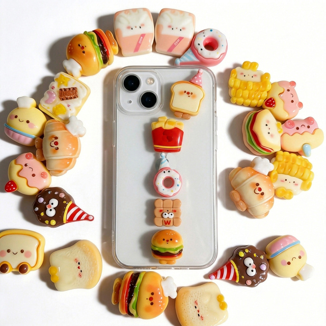 10Pcs Mixed 3D Phone Case Charms Plastic Resin food Bread hamburger shape peculiar Trendy Kawaii Junk Case DIY Decoration kit