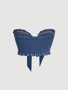 Femmes Unique Vintage été Streetwear sans manches Boob Tube Corset avec nœud Denim jean long décontracté hauts gilets - Product Image 4