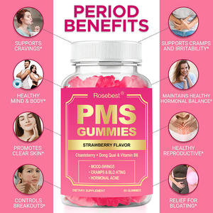 Compléments alimentaires naturels à la saveur de fraise Rosebest pour l'équilibre hormonal féminin, à base de plantes, avec du chasteberry, du dong quai et de la vitamine B6, en forme de gommes pour les troubles du cycle menstruel (PMS) - Product Image 3