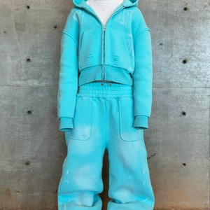Ensemble de survêtement personnalisé de haute qualité pour homme, comprenant un sweat à capuche zippé et un pantalon de jogging, coupe oversize, en tissu épais, effet délavé soleil - Product Image 6