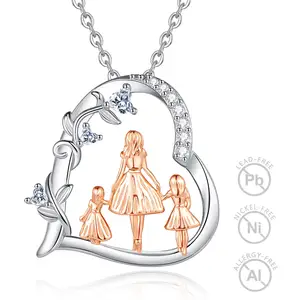 Changda 925 Sterling Silver Love Heart Mom Mother and 2 Daughters Necklace for Women