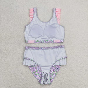 Maillots de bain d'été en gros pour petites filles, imprimé floral, sans manches, à volants, pour enfants - Product Image 4