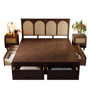 Lit de rangement en bois massif style rétro américain 1,8 m double avec cadre en noyer et rotin pour chambre principale - Product Image 4
