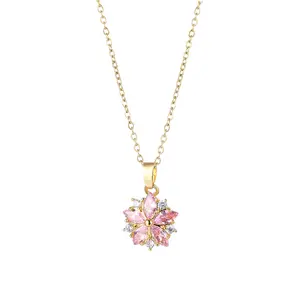 2023 Fashion Zircon Pink Color Romantic Cherry Blossom Necklace Beauty Gift Cherry Pendant With 316L Stainless Steel Chain