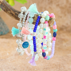 <b>Beaded</b> Bracelets <b>Set</b> Tassel Imitation Pearl Crystal Rhinestone Mom Charm Women's Bohemia Fashion Jewelry Stackable Bracelets - Product Image 3