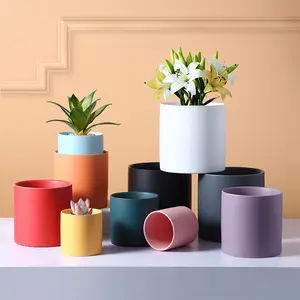 Eco-friendly Ceramic Plant Pot Container, Desk Floor Small Flower Pot, Ceramic Bamboo Tray Spring Color Pots For Plant