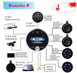 Ensemble audio marin avec écran TFT 3 pouces, 2 haut-parleurs suspendus de 6 pouces, antenne et adaptateur USB H-301+H-6106+HA-057+H-071+H-4003 - Product Image 2