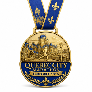 Medalla de Meta Personalizada del Maratón de la Ciudad de Quebec en Aleación de Zinc Dorada 3D, Medallas de Premio de Carrera Chateau Frontenac con Cinta Azul - Product Image 1