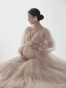 הריון טול שמלת תינוק מקלחות שמפניה שמלה יפה רשת תחרת V-צוואר יום נישואים יולדות שמלה