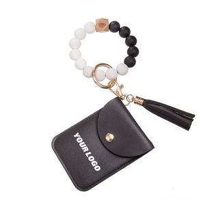 2025 New Plain Silicone Beads Bracelet Pu Card Holder With Women's Wallet <b>Leather</b> Tassel <b>Key</b> <b>Chain</b> - Product Image 1