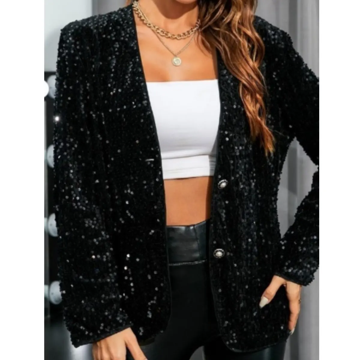 Kadın tırmanmak Sequins Coat Casual uzun kollu pırıltılı Glitter parti parlak yaka ceket Coat Rave giyim Blazer Mujer düşmek