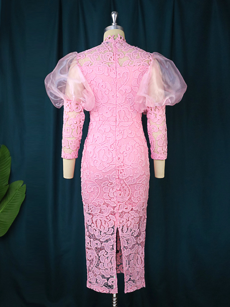 Elegant Women's Lace Dresses - Bodycon Evening Styles, Knee-Length White  African Lace Dress for Wholesale, Bubble Sleeve Design