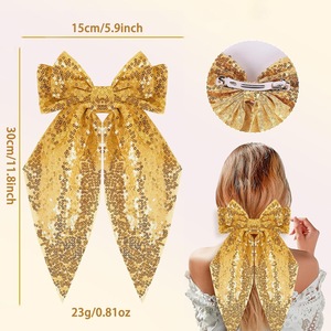 Glitter Sequins Fabric <b>Bow</b> Spring Hair <b>Clip</b> Long Tail Mesh Ribbon Barrette For Xmas Festival Evening Party Hair Decor - Product Image 2