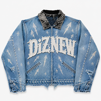Veste en jean DiZNEW Premium Heavyweight Distressed pour homme, avec logo unique, détails de badge, bordure cloutée, coupe ample, personnalisable en usine