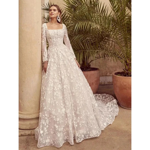 White Square Neck Ball Gown Wedding Dress With Train Vintage Style Long Sleeve Lace A Line Bridal Gown - Product Image 1