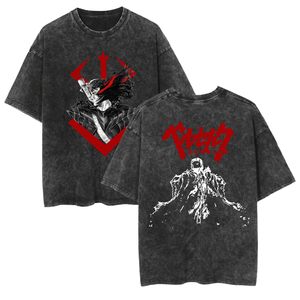 Camiseta de manga corta vintage de 220 gramos con estampado de dibujos animados de Berserk, estilo lavado <span class=keywords><strong>y</strong></span> desgastado, de la marca Swordwind Legend, para hombre, estilo urbano holgado. - Product Image 5