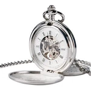 นาฬิกาพกของผู้หญิงสไตล์ Steampunk,นาฬิกากลไกไขลานเรียบเงินจี้หน้าปัดสีขาวเรียบมีสไตล์