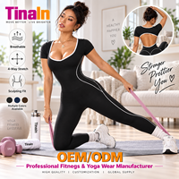 Body sculptant OEM personnalisé pour femme, à manches courtes, col en V, dos nu, avec lignes contrastées, taille haute, anti-humidité et effet push-up fessier