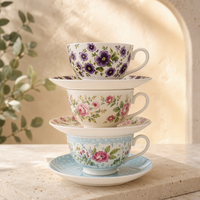 Service à thé en porcelaine florale Trio Rose, Bleu à pois, Violet Pansy, Thé de l'après-midi, Cuillère en filigrane doré, Cerise, Cadeau pour la maison