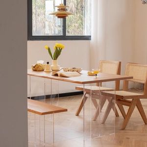 Mesa de comedor de madera de pino con patas de acrílico, estilo minimalista para el hogar u oficina - Product Image 1