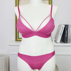 Triangle Cup Hot Pink Bralette Hollow-out Fishnet Sexy Bra&Panties Sets Molded Thin Cup Wireless Women Bra Set