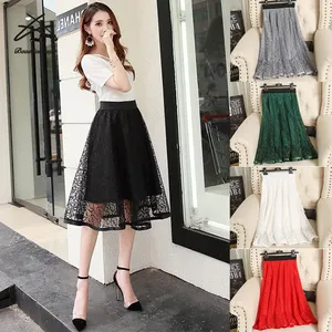 High Waist Women Skirt Casual Vintage Solid Belted Pleated Midi Skirts T1276