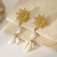 Boucles d'oreilles pendantes en acier inoxydable plaqué or avec perles tournesol, étoiles de mer et coquillages – Bijoux fantaisie chic à la française pour femme