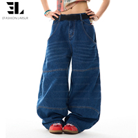 LARSUR Maßgefertigte Super-Baggy-Jeans mit Großen Taschen, Bestickte Gerade Waschung, Mehrere Taschen, Twill-Denim-Hosen für Damen