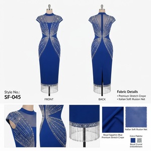 Vestido Largo Moderno Azul Zafiro Real para Mujer, Estilo Tubo, con Bordado de Cristal de Alas de Mariposa y Detalles Elegantes con Flecos - Product Image 1