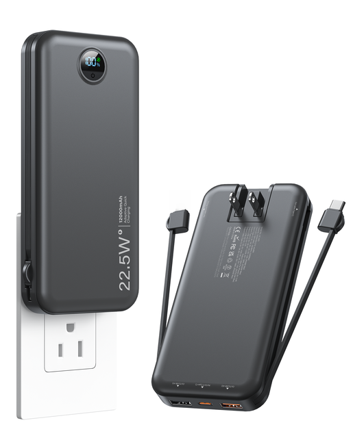 Portable Charger Power Bank 12000mAh with Dual Built-in Cable Socket 5V/4.5A Fast Charging 22.5W Power Bank