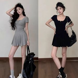 Grey U-neck Short Sleeve Dress Women Summer Pleated A-line Skirt Tight Waist Casual Daily Wear Sports Leisure Yoga Hiking - Product Image 1