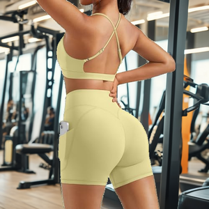OMKAGI 2-Piece Solid Workout Sets Women <b>Open</b> Back Padded Sports <b>Bras</b> Booty Shorts Pockets Active Stretch Elastic Waist Gym - Product Image 2
