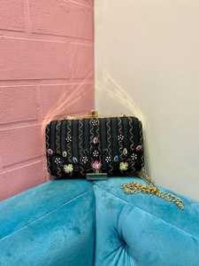 Black Beaded Floral Clutch Bag Chain Strap Evening <b>Handbag</b> Rhinestone Accent Party Purse for Women - Product Image 1