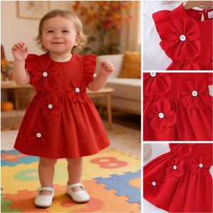 Vestido Rojo con Flores para Niñas, Diseño Adorable con Flores 3D y Mangas Abullonadas, <span class=keywords><strong>Ropa</strong></span> para Bebés y Niñas, OEM ODM - Product Image 1