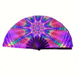 13 Inch UV Glow Women/Men <b>Folding</b> Rave Fan Holographic Bamboo Clack Hand Fan for Festival Music Party Wedding Decorations - Product Image 4