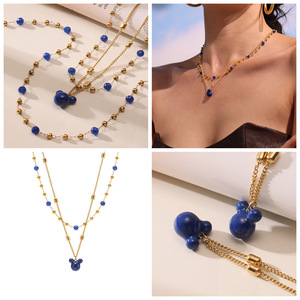 Collier double couche Blue Bear, design élégant, pendentif perlé, acier inoxydable, plaqué or épais, bijoux de mode pour femmes - Product Image 2