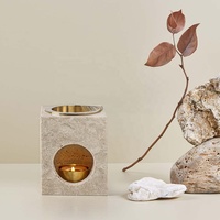 Diffuseur de Cire et d'Huiles Essentielles en Travertin Stonekocc avec Pièces Métalliques, Brûleur de Parfum et Porte-Encens à Bougies