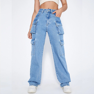 <span class=keywords><strong>Pantaloni</strong></span> Cargo a vita alta da donna all'ingrosso Cool Girl Denim <span class=keywords><strong>con</strong></span> <span class=keywords><strong>tasche</strong></span> Vintage High Street gamba larga Jeans larghi in Denim <span class=keywords><strong>pantaloni</strong></span> da donna - Product Image 3
