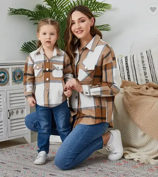 Mommy and Me Outfits Womens Plaid Jacket Coat Family Matching Outfits Baby Girls Winter Dress Kids Shacket Mother and Daughter