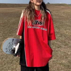 Women's Retro <b>Patchwork</b> Over SizeT-<b>Shirt</b> Summer Casual Loose Street Top Knitted Fabric Short Versatile Contrasting Letter Print - Product Image 1