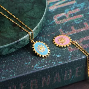 Light Luxury 18K Gold Plated Titanium Steel Necklace Bohemian Retro Lace Oval Enamel Pendant Lock Bone Chain-for Gifts Parties