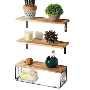 <b>Wall</b> <b>Mounted</b> Wooden Storage Rack 3 Tier Iron Wood Combination <b>Shelf</b> For Kitchen Living Room Plant Display - Product Image 2