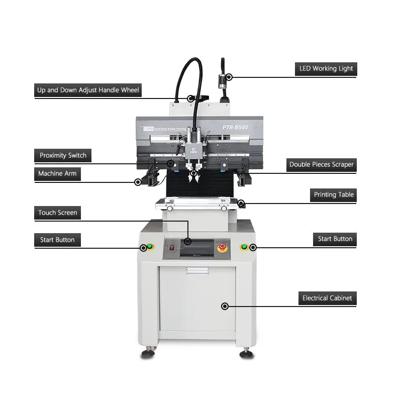 फैक्टरी थोक श्रीमती मिलाप पेस्ट प्रिंटर अर्ध स्वचालित श्रीमती पीसीबी मिलाप पेस्ट स्क्रीन प्रिंटर मशीन के लिए PTR-B500 उत्पादन