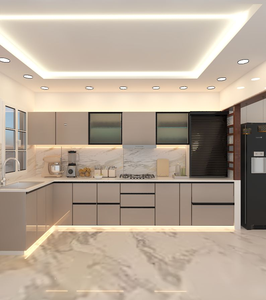Cocina en Forma <span class=keywords><strong>de</strong></span> L <span class=keywords><strong>de</strong></span> Alta Calidad con Iluminación LED, Gabinetes <span class=keywords><strong>de</strong></span> Vidrio y Mecanismo <span class=keywords><strong>de</strong></span> Cierre Suave - Product Image 1